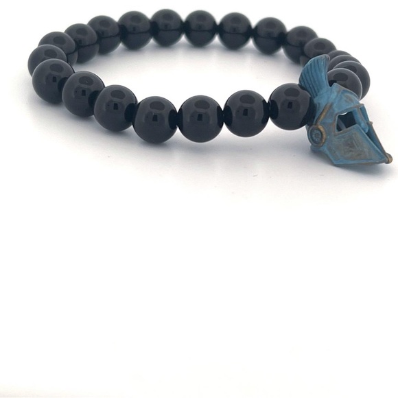 Beaded 8MM Onyx Stone Beads Antique Finish Spartan Head Elastic Bracelet - Picture 3 of 4